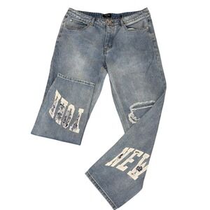 New York Graphic boohooMAN Jeans Mens 34R Blue Distressed Ripped Straight Leg